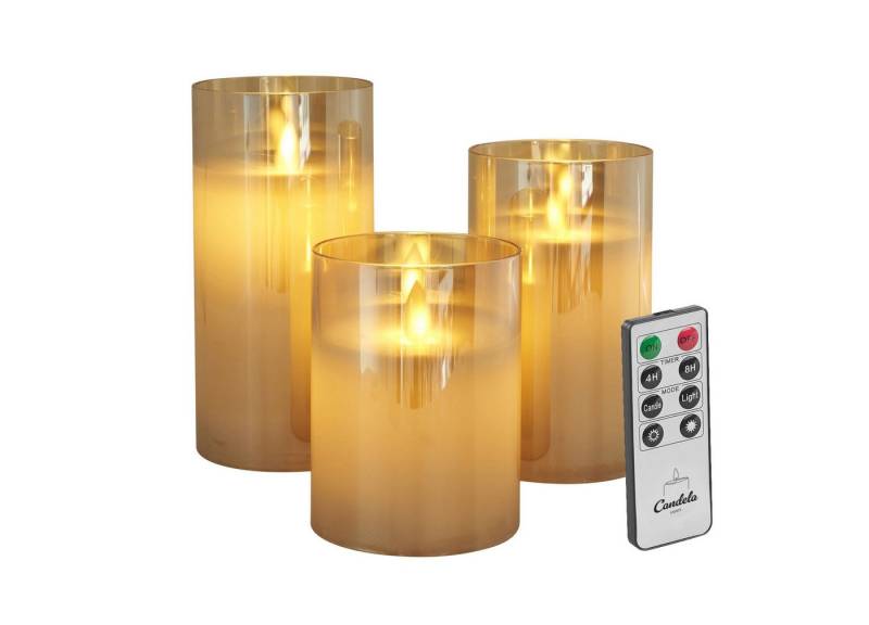 LC Home LED-Kerze LED Kerzen Set Echtwachskerze Glas Timerfunktion Fernbedienung Dimmbar (Spar-Set, 3-tlg., LED Kerzen im Glas 3er Set mit Fernbedienung), Led Kerzen 3er Set in 10x7,5 • 12,5x7,5 • 15x7,5cm von LC Home