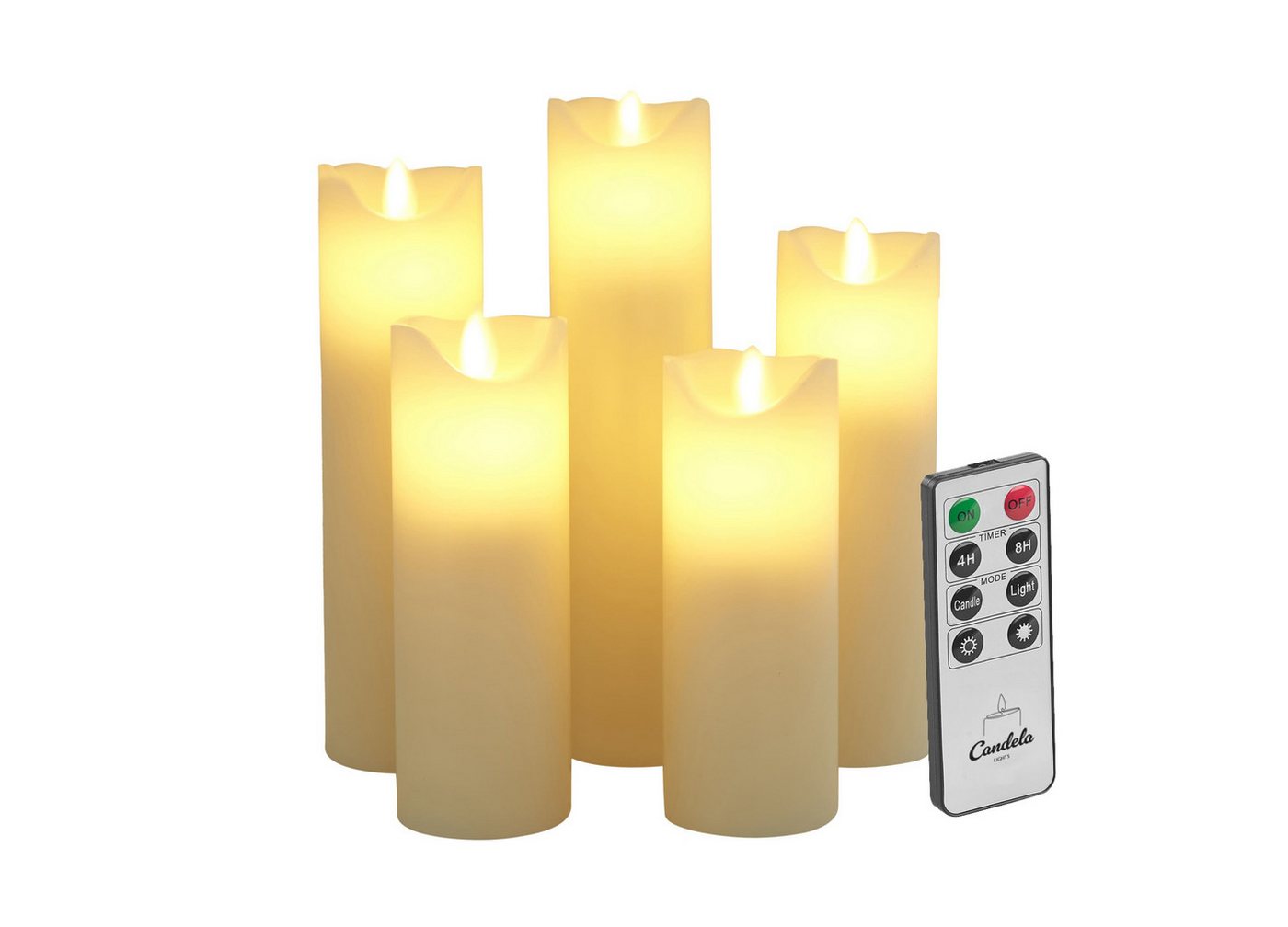 LC Home LED-Kerze Set Echtwachskerze Timerfunktion Fernbedienung LED Kerzen Dimmbar (Set, 5-tlg., LED Kerzen Set Stumpenkerzen mit Fernbedienung Timerfunktion dimmbar), LED Kerzen 3er Set in 7,5x10/12,5/15 oder 5er Set in 5x13/14/16/18/20 von LC Home