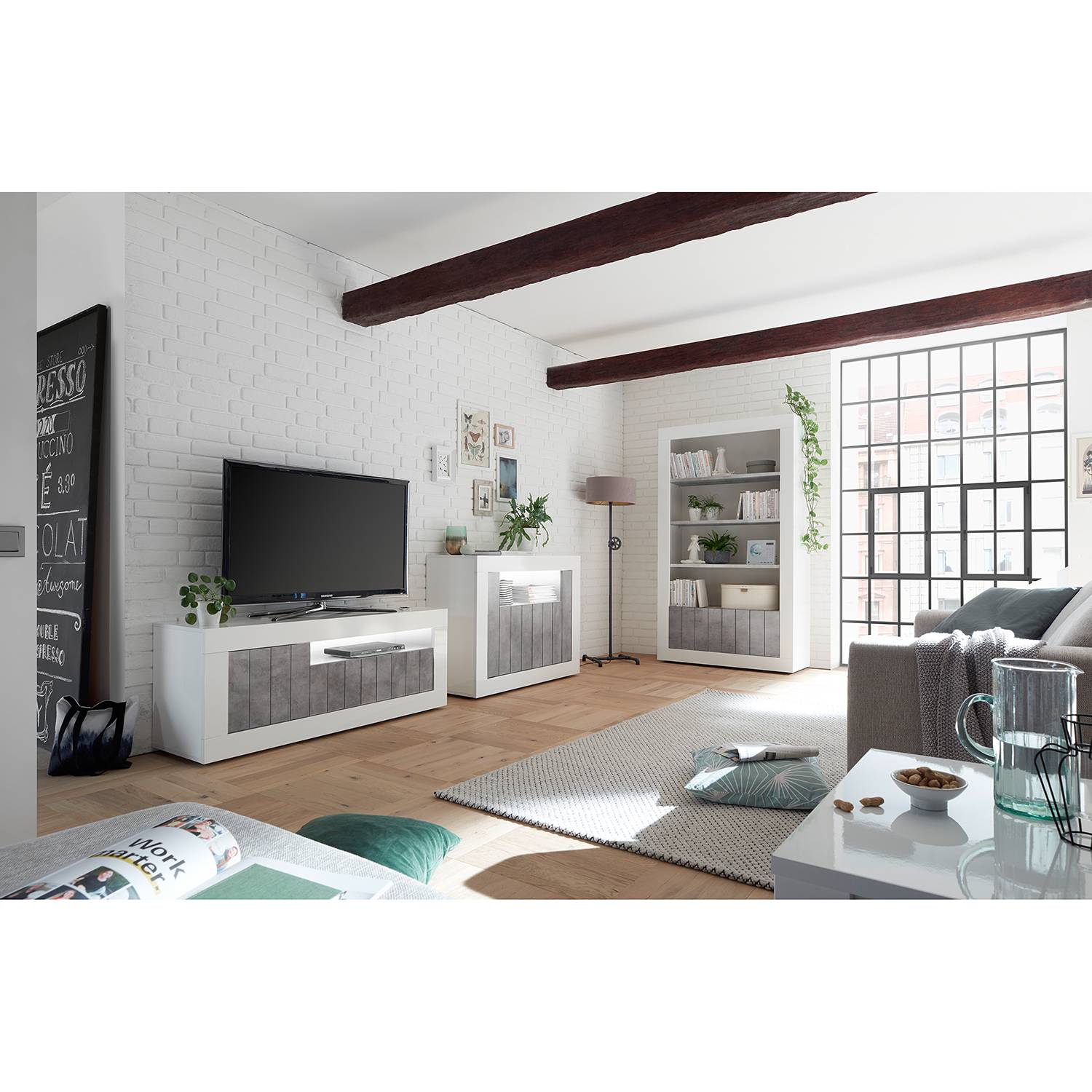 home24 TV-Lowboard Urbino Spanplatte, beschichtet Grau/Weiß/Beton Dekor/Weiß 138 x 56 x 43cm home24 TV-Lowboard Urbino Spanplatte, beschichtet Grau/Weiß/Beton Dekor/Weiß 138 x 56 x 43cm von home24