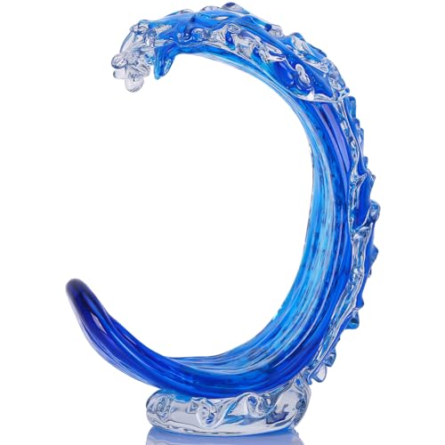 LCCCK Blaues Glas-Strandhaus-Dekor, mundgeblasene Ozeanwellen-Dekoration, hohe blaue Glas-Skulptur, Heimdekoration, Ozeanwelle, verschmolzene Kunstfiguren, für Meereskunst, Strand, Küste, nautische von LCCCK