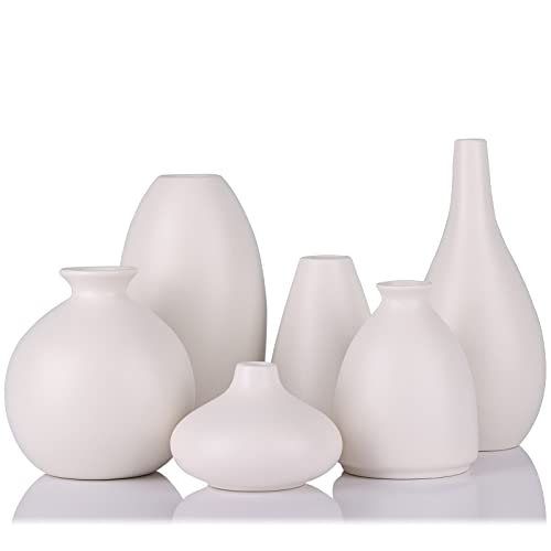 Kleine weiße Vase, 6er-Set, Keramik, weiße Knospenvasen für Tafelaufsätze, Zimmerpflanzen, Ikebana, Mini-Vasen für Dekoration, weiße Keramik-Knospenvase, geeignet für Hochzeit, modern, minimalistisch von LCCCK