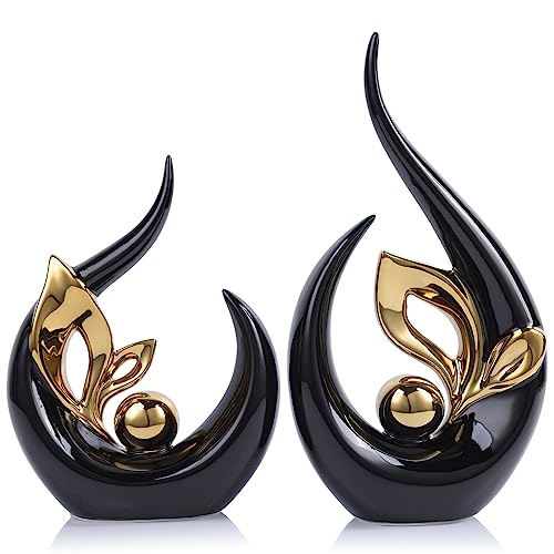LCCCK Moderne Schwarz & Goldene Keramik-Skulptur – Abstrakte Kunststatue 33cm im Skandinavischen Design für Wohnzimmer Esstisch, Büro und Eingangsbereich Dekorakzent von LCCCK
