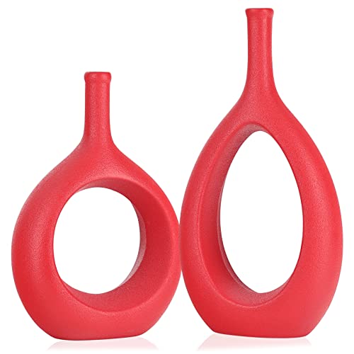 Rote Keramikvase mit hohlen elliptischen Vasen, 2er-Set, Boho-Kreisvase mit Loch, für moderne rote Tischdekoration, Wohnzimmer-Dekor, Regal, moderne Heimeingang, dekorative Vase von LCCCK