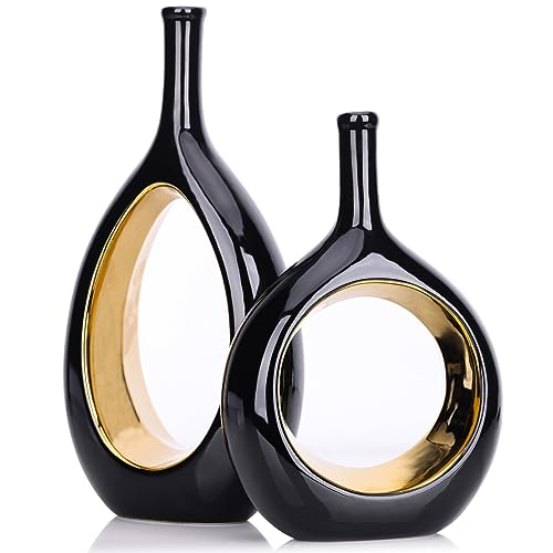 Schwarze und Goldene Vase, Hohlkeramik Vasenset aus 2 Stücken, Schwarze Vasen für Zuhause, Boho Donut Vasen im nordischen minimalistischen Stil, Dekorative Vase für Tischmitte, Hochzeit, Esszimmer von LCCCK