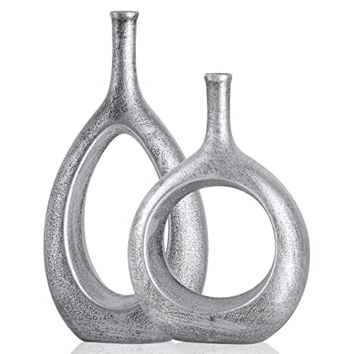 Silberne Vase, 2 Stück, kreative Kunst, einzigartige Blumenvase, Keramikvase für nordische Heimdekoration. Geometrische, Esszimmer, Zuhause von LCCCK