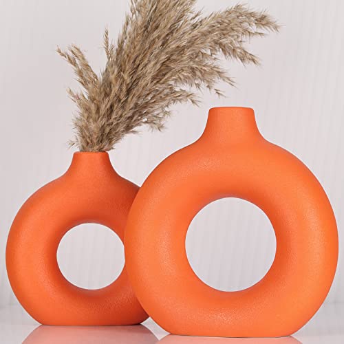 Vasen-Deko, Donut-Vasen, kreisförmige Hohlvase, moderne matte Keramikvase für Eingangsbereich, Wohnzimmer, Schlafzimmer, Esstisch, Tischdeko, Büro, Wohndeko, Orangefarben, 2er-Set Vasen-Deko, Donut-Vasen, kreisförmige Hohlvase, moderne matte Keramikvase für Eingangsbereich, Wohnzimmer, Schlafzimmer, Esstisch, Tischdeko, Büro, Wohndeko, Orangefarben, 2er-Set von LCCCK