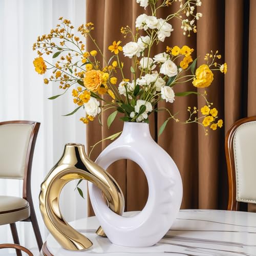 LCCCK Keramikvasen für Heimdekoration, Boho-Vase für Blumen, Pampasgras, dekorativ, hohle Donut-Vase für Wohnzimmer, Tisch, Hochzeit, Tafelaufsatz, modern, klein, weiß und gold LCCCK Keramikvasen für Heimdekoration, Boho-Vase für Blumen, Pampasgras, dekorativ, hohle Donut-Vase für Wohnzimmer, Tisch, Hochzeit, Tafelaufsatz, modern, klein, weiß und gold von LCCCK