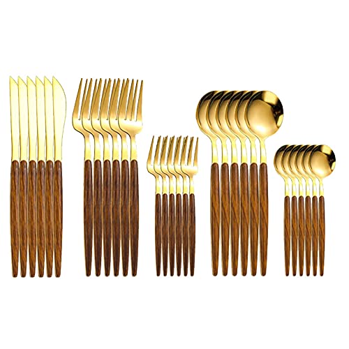 LCCDSD Flurware-Sets Edelstahl Geschirrset Mit Faux-Holzgriff, Besteck-Besteckset for 6, Geschirr-Set Einschließlich Forks-Löffelmesser Rostfreier Stahl (Color : Gold) von LCCDSD