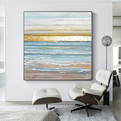 LCDIUDIU Gemälde Abstrakt, Blaue Meereswellen Strand Goldfolie Landschaft Abstrakt Modern Original Rahmenlose Handgemalte Ölgemälde Auf Leinwand Für Familienwand Wohnzimmer Esszimmer Home Art Decor, von LCDIUDIU