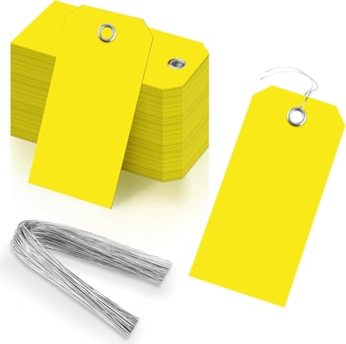100 Gepäck-Etiketten, Stahldraht-Aufhängetikette mit Kunststoff-wasserdichten Gürteln, verstärkte Metalllöcher, für Gepäck, Sortierung, Garage, Büro (gelb) von LCHENJIDG