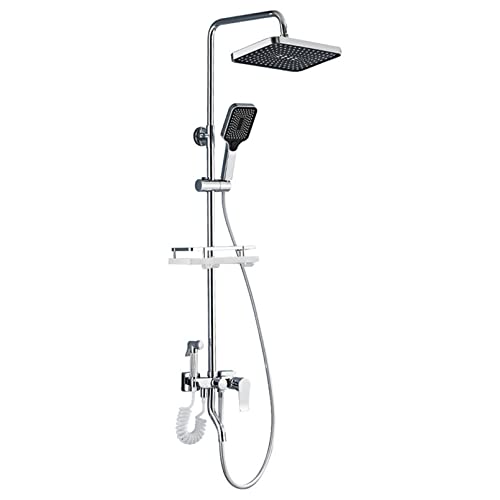 Duschsystem, wandmontierte Duscharmatur Set für Badezimmer, 4 Funktionen Luxus Hochdruck Duschkopf 3-Mode Handgehaltes Sprühdusche mit verstellbarem Regal, Chrom von LCHJX