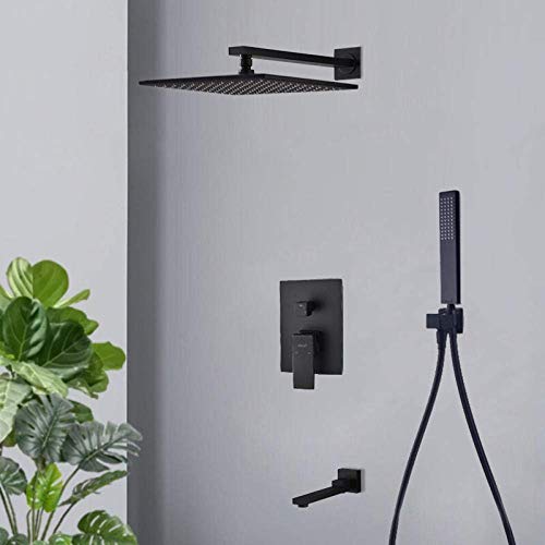 Verdeckter Duschset Schwarzer Duschkopf mit Schlauch 8 im Regendruck Drucker Duschköpfe quadratische Druckhöhlen Duschen Kopfmixer Set für Duschflächen-D_8-Zoll, D-12 Tum von LCHJX