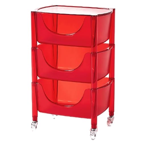 LCKDY Rollbarer Couchtisch aus Acryl, Aufbewahrungswagen, 3 Etagen, mobiles Regal mit feststellbaren Rädern, für Büro, Zuhause, Rot von LCKDY