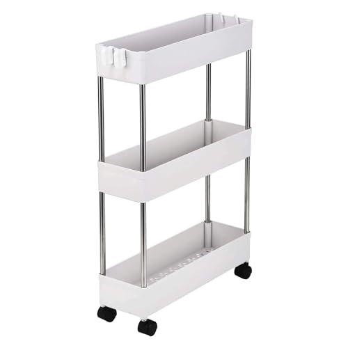 LCKDY Schlankes Aufbewahrungsregal aus Kunststoff, 3 Fächer, multifunktional, Rollwagen für Büro, Küche, Bad, Weiß von LCKDY
