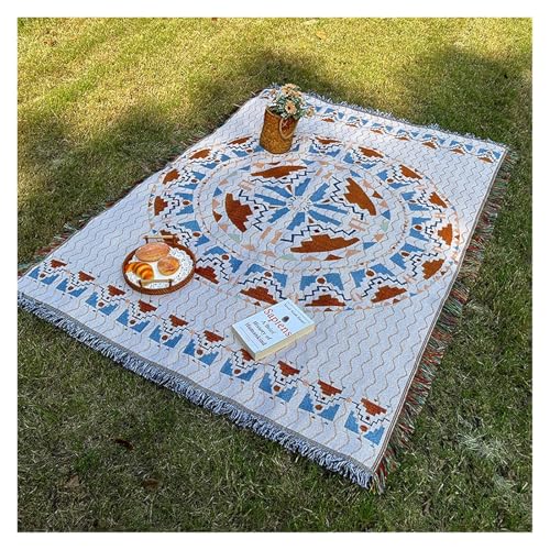 LCKKJHG Picknickdecke Outdoor-Camping-Teppich, Dekodecke im Boho-Stil, Reise-Picknickmatte, Freizeit-Matratzen-Sofabezug, Leinenstoff mit Quasten Wasserdichter(Lost,180x180cm) von LCKKJHG