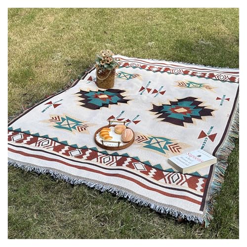 LCKKJHG Picknickdecke Outdoor-Camping-Teppich, Dekodecke im Boho-Stil, Reise-Picknickmatte, Freizeit-Matratzen-Sofabezug, Leinenstoff mit Quasten Wasserdichter(Sucre,180x180cm) von LCKKJHG