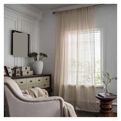 LCKKJHG Vorhang Aus Spitze 1pc Curtain Crochet Lace Semi-Sheer Hollow Knitted Handmade Tassels, 1 Panel 59" W X 84" L, Beige(W150cmxH213cm 1PC) von LCKKJHG