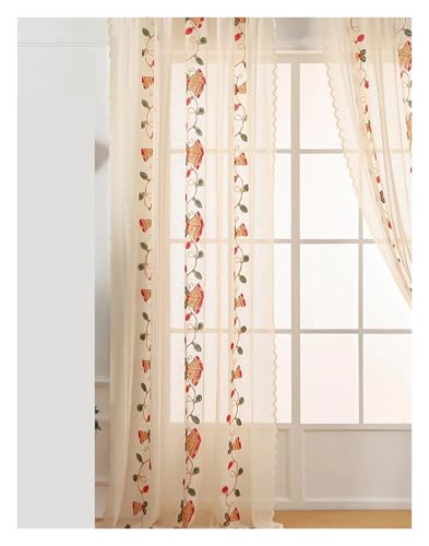 LCKKJHG Vorhang Aus Spitze Beige Christmas Lantern Bells Embroidered Curtains Vintage Soft Touch Lace Drapes(Rod Pocket_1 Panel W140XH260CM) von LCKKJHG