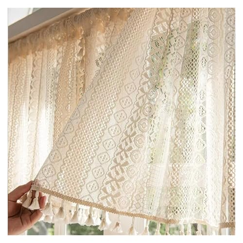 LCKKJHG Vorhang Aus Spitze Beige Circular Patterned Hanging Tassel Short Lace Short Curtain Living Room Bedroom Curtain(Fixed Pleat_150X60CM) von LCKKJHG