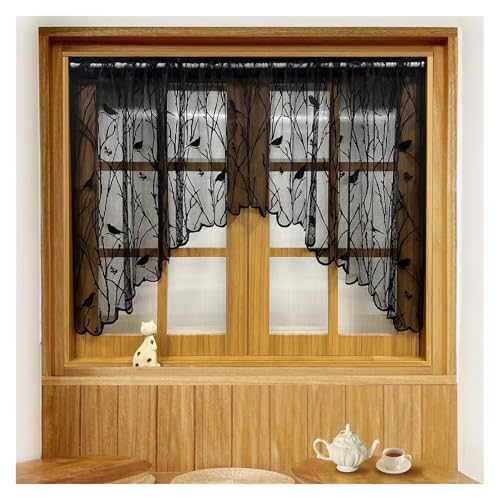LCKKJHG Vorhang Aus Spitze Country Embroidery Lace Short Curtain Valance for Kitchen, Dining Room, Small Window,Half Curtain, Rod Pocket Top 1 Panel(Black,Rod Pocket_1PC W150XH90CM) von LCKKJHG