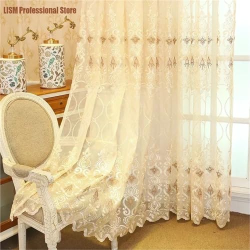 LCKKJHG Vorhang Aus Spitze Curtains for Living Room Bedroom Tulle Cheap Sheer Voile Fabric Golden Lace Window Screen Decor(Hook_1 PCS W100XH265 cm) von LCKKJHG