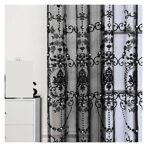 LCKKJHG Vorhang Aus Spitze Luxury Lace Pearl Embroidery Black Sheer Curtain for Living Room Fashion Geometric Window Screen Cortains 1pcs(Rod Pocket Process_W140CM X H240CM) von LCKKJHG