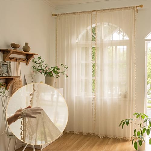 Vorhang Aus Spitze 1Panel,Transparent Curtain Lace Semi-Shading Bohemian Handmade Tassels, Rod Flap Pocket Pantss, Window Processing Retro Country Curtains, Bedroom, Living Room(ROD POCKET_W132XH241CM von LCKKJHG