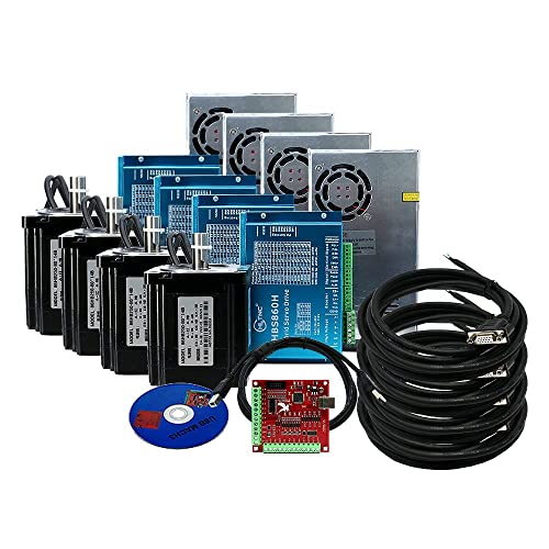 8,5N Closed Loop Stepper Motor Kit CNC Motor mit geschlossenem Regelkreis 86HSE 6A Hybrid Nema 34 HBS86H schrittmotor treiber und 400W DC Netzteil+4-Achsen-USB-MACH3-Schnittstellenkarte+RS232 von LCRHLCNC