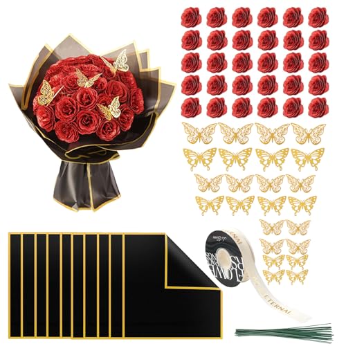 LCUHAVA 30 Rote Glitzer Rosen, Künstliche Rosen Gehärtet Blumenstrauß Mit Schmetterlingsdekor und Band Künstliche Blumen Wie Echt, for DIY Wedding Parties Valentine's Day Mother's Day von LCUHAVA