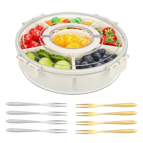 LCUHAVA Snackbox Mit Fächern Rund Snackschale Mit Deckel Drehbar Snackteller mit Deckel 6 Fächer, Inhalt 6,5 Liter Geeignet für Obst und Gemüsesalate, Lebensmittel, Snacks, Nüsse, Mit 8 Gabeln von LCUHAVA