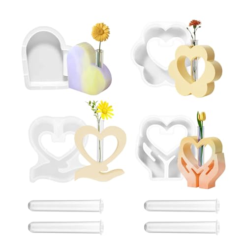 Silikonformen Gießformen Set, 4 Stück Silikon Gießformen für Herz Vasen mit 4 Acryl Reagenzgläsern, Gips zum Gießen Epoxidharz Formen, Wiederverwendbare DIY Handwerk Blumenvase von LCUHAVA
