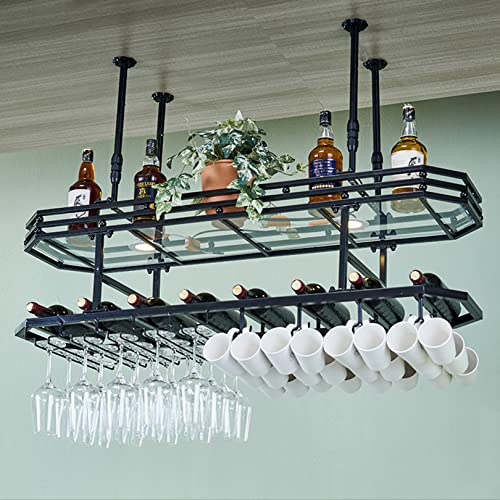 LCUVIMPEX Deckenmontiertes Weinglasregal ， An der Decke montiertes, zweistöckiges Hängeregal for Weinflaschen und Gläser mit Lichtern, Mehrfarbig, mehrere Größen(Black,80x35cm) von LCUVIMPEX