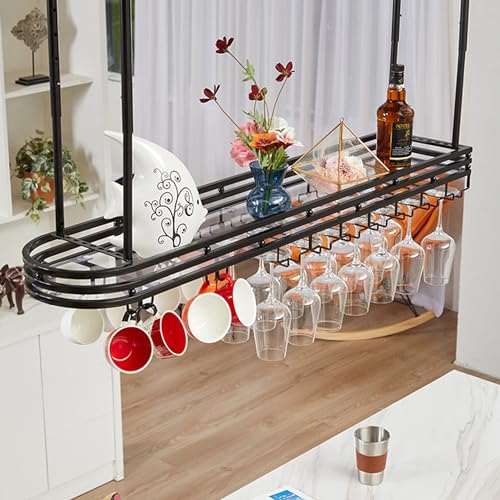 LCUVIMPEX Deckenmontiertes Weinglasregal ， Weinregal zur Wandmontage mit Glashalter, verstellbar, mehrere Größen, Schwarz oder Gold, mit Licht(Black,100 * 25cm) von LCUVIMPEX