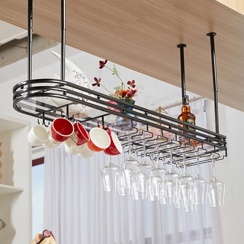 LCUVIMPEX Deckenmontiertes Weinglasregal ， Weinregal zur Wandmontage mit Glashalter, verstellbar, mehrere Größen, Schwarz oder Gold, mit Licht(Black with Light,100 * 25cm) von LCUVIMPEX