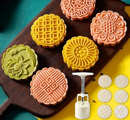 Mondkuchen. Blumen-Mondkuchen- und Keksformpresse mit 4 oder 6 Stempeln, mehrere Größen, Weiß(100G 6Pcs) von LCUVIMPEX