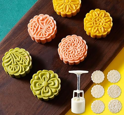 Mondkuchen. Blumen-Mondkuchen- und Keksformpresse mit 4 oder 6 Stempeln, mehrere Größen, Weiß(50G 6Pcs) von LCUVIMPEX