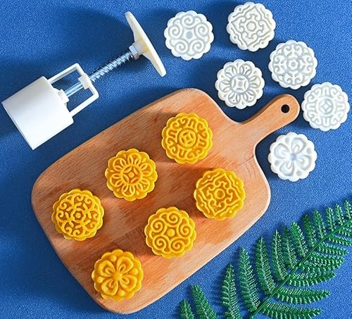 Mondkuchen. Mondkuchenformpresse 50 g mit 6 Stempeln und 1 Formbasis, 7er-Pack, Multidesign(A) von LCUVIMPEX