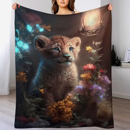 Fantasy Löwe Cub Glow Flannel Fleece Wohndecken Kuscheldecken, Superweiche, Flauschige, Warme Mikrofaser Decke Für Schlafcouch,130×180cm von LCWWW