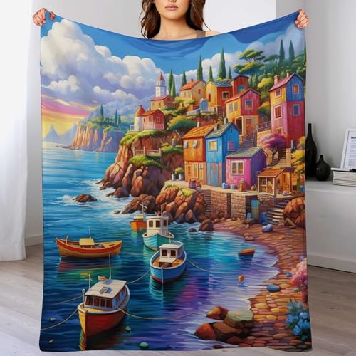 LCWWW Häuser am Meer Decke - Flannel Fleecedecke Auch Als Wohndecke, Tagesdecke, Wohnzimmer Geeignet - Überwurf Decken Sofa & Couch, 130×150cm von LCWWW