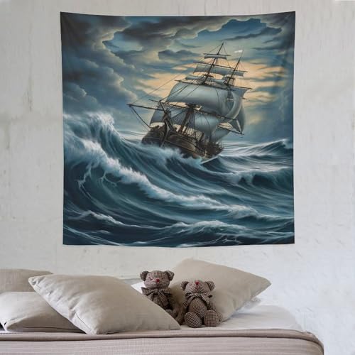 LCWWW Pirate Ship,Boot Tapisserie, Wandteppich Wandbehang Poster Druck Schlafzimmer Wohnzimmer Zuhause Wandkunst Dekoration 150×150cm von LCWWW