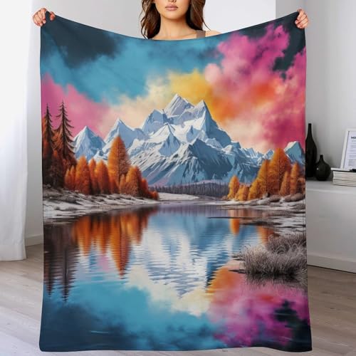 LCWWW Seen and Snowy Mountains Decke Vier Jahreszeiten Wohndecke Couchdecke Weiche Fleecedecke Flannel Sofaüberwurf Tagesdecke Für Bett/Sofa 140×180cm von LCWWW