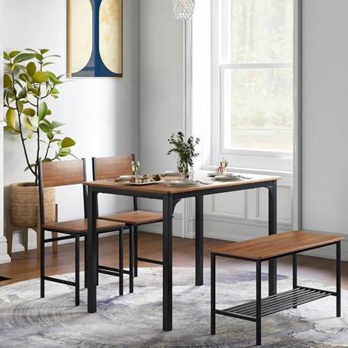 LDAILY Mokka Esstisch Set für 4 Personen, Küchentisch aus Holz mit 2 Stühlen und einer langen Bank, Moderne 4-teilige Essecke mit Metallgestell & Aufbewahrungsregal, Platzsparendes Tischset für von LDAILY