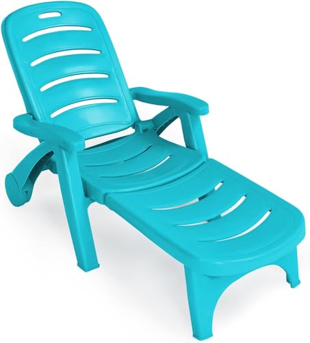 Moccha Klappbarer Lounge-Stuhl aus Kunststoff, 5-fach verstellbar, Chaiselongue mit 2 Rollrädern, Armlehne, Outdoor-Ramieresessel für Terrasse, Strand, Hinterhof, Pool, Zuhause (1, Türkis) von LDAILY