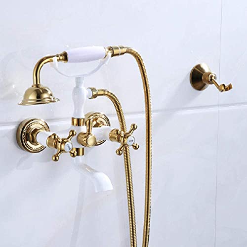 LDBDASA Badezimmer Badewanne Und Dusche Wasserhahn Set Antike Bronze Messing Gold/Doppelgriff Gold Weiß von LDBDASA