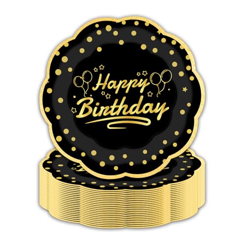 LDFDRT 50pcs Partygeschirr Geburtstag Pappteller,18cm Partyteller Papier Party Geschirr Deko zum Hochzeit Garten Party (Schwarzes Gold Geburtstag) von LDFDRT