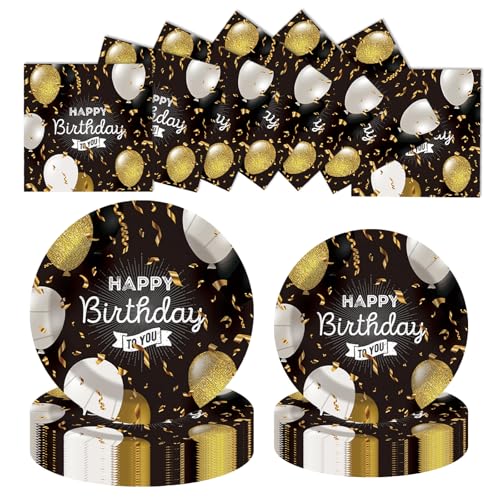 LDFDRT 60 pcs Pappteller and Servietten Partygeschirr Geburtstag,Partyteller 18cm 20 & 23cm 20 & Servietten 20 pcs Papier Geschirr Party Deko (Schwarzer Geburtstag) von LDFDRT
