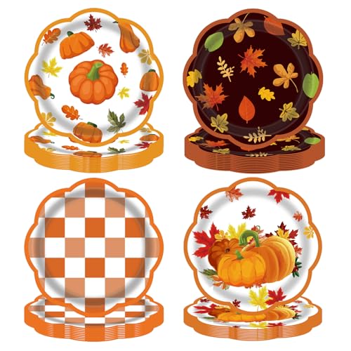 LDFDRT Herbst Pappteller 17,8cm Fall Erntedankfest Herbstdeko Kürbis Ahorn Geschirr 48 Stuck （4 Styles X12） partygeschirr Für Herbstzeit Party Hochzeit Thanksgiving Day (Erntedankfest) von LDFDRT