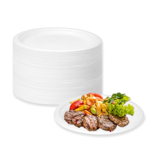 LDFDRT Pappteller 100 Stück Einweggeschirr Zuckerrohr Partyteller Biologisch Abbaubare Zuckerrohrfaser Rund Geschirr Zuckerrohrteller (Weiß, 17,8 cm) von LDFDRT