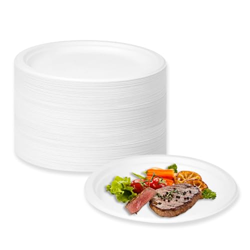 LDFDRT Pappteller 100 Stück Einweggeschirr Zuckerrohr Partyteller Biologisch Abbaubare Zuckerrohrfaser Rund Geschirr Zuckerrohrteller (Weiß, 22,8cm) von LDFDRT