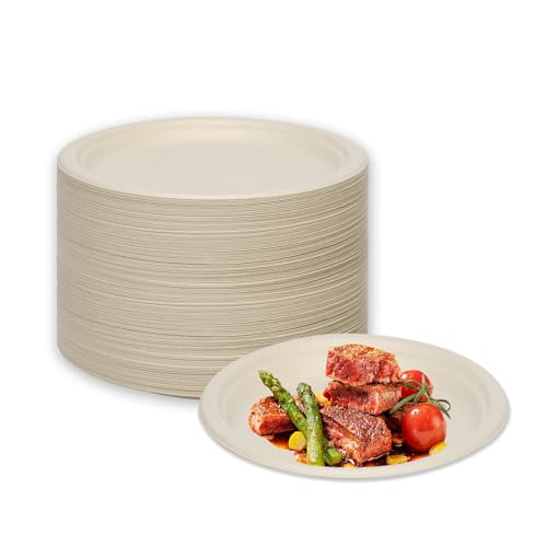 LDFDRT Pappteller 100 Stück Einweggeschirr Zuckerrohr Partyteller Biologisch Abbaubare Zuckerrohrfaser Rund Geschirr Zuckerrohrteller (natürlich, 15,2cm) von LDFDRT